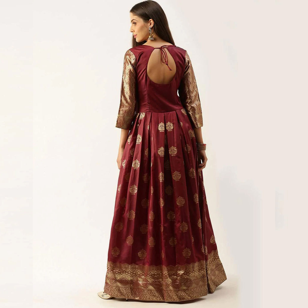 Maroon Colour Georgette Embroidery Work Long Gown For Party Wear